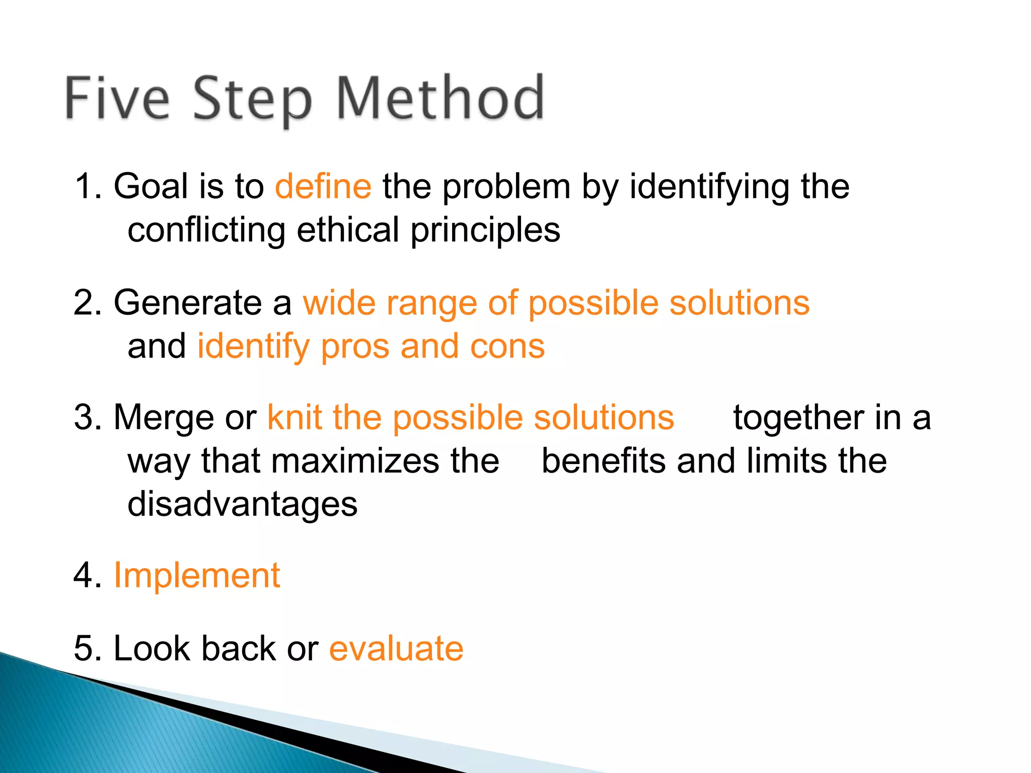 1. Goal is to define the problem by identifying the
    conflicting ethical principles

2. Generate a wide range of possible solutions
    and identify pros and cons
3. Merge or knit the possible solutions together in a
   way that maximizes the benefits and limits the
   disadvantages
4. Implement

5. Look back or evaluate
 