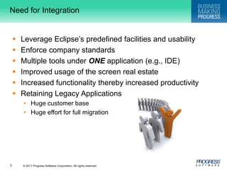 Leverage Eclipse’s predefined facilities and usabilityEnforce company standardsMultiple tools under ONE application (e.g., IDE)Improved usage of the screen real estateIncreased functionality thereby increased productivityRetaining Legacy ApplicationsHuge customer baseHuge effort for full migrationNeed for Integration