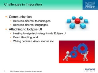 Challenges in IntegrationCommunication Between different technologiesBetween different languagesAttaching to Eclipse UIHosting foreign technology inside Eclipse UIEvent Handling, and Wiring between views, menus etc
