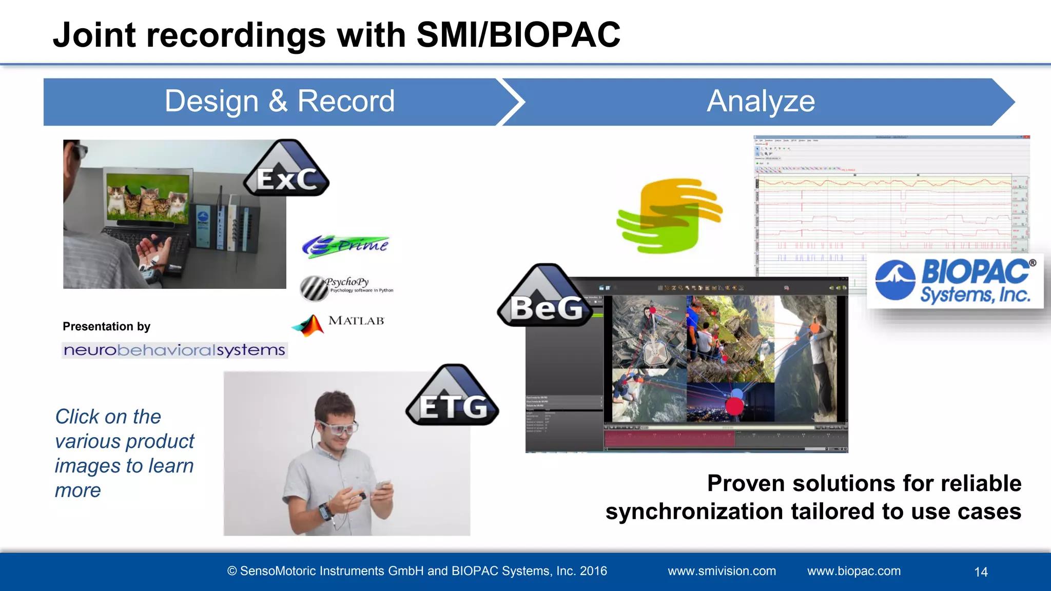 © SensoMotoric Instruments GmbH and BIOPAC Systems, Inc. 2016 www.smivision.com www.biopac.com
Joint recordings with SMI/BIOPAC
14
Presentation by
Design & Record Analyze
Proven solutions for reliable
synchronization tailored to use cases
Click on the
various product
images to learn
more
 