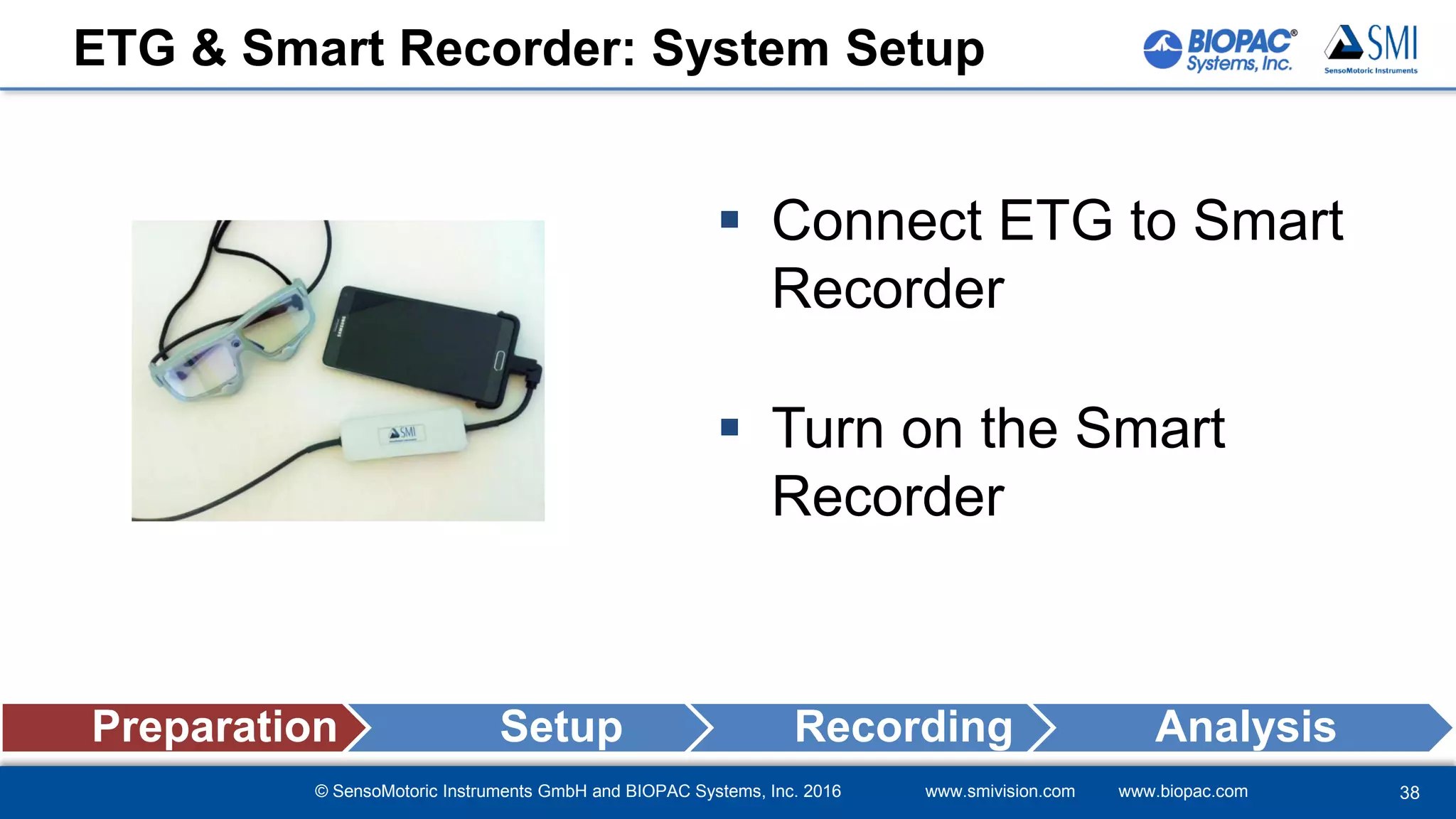 © SensoMotoric Instruments GmbH and BIOPAC Systems, Inc. 2016 www.smivision.com www.biopac.com
ETG & Smart Recorder: System Setup
 Connect ETG to Smart
Recorder
 Turn on the Smart
Recorder
Preparation Setup Recording Analysis
38
 