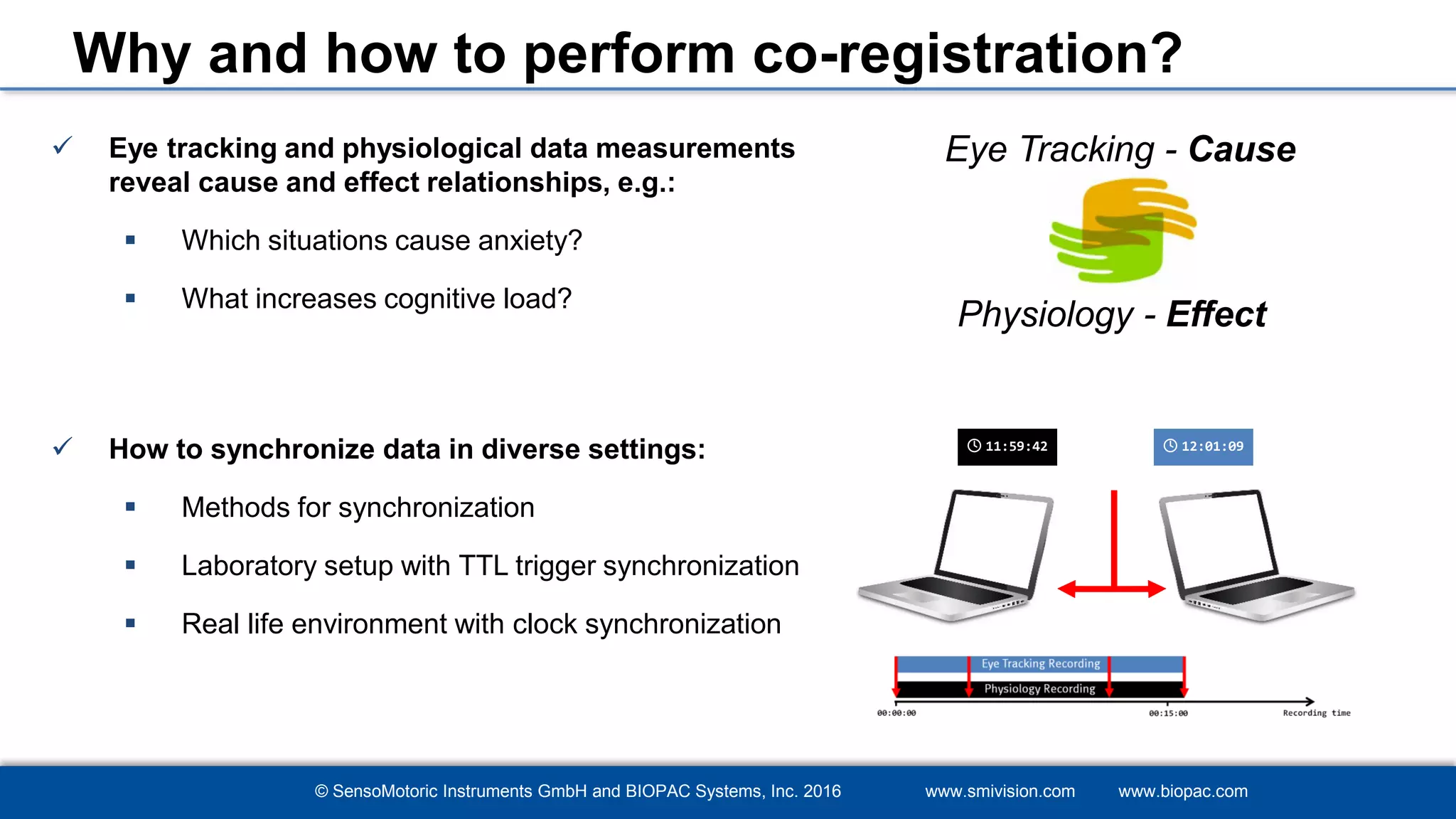 © SensoMotoric Instruments GmbH and BIOPAC Systems, Inc. 2016 www.smivision.com www.biopac.com
Why and how to perform co-registration?
 Eye tracking and physiological data measurements
reveal cause and effect relationships, e.g.:
 Which situations cause anxiety?
 What increases cognitive load?
 How to synchronize data in diverse settings:
 Methods for synchronization
 Laboratory setup with TTL trigger synchronization
 Real life environment with clock synchronization
Eye Tracking - Cause
Physiology - Effect
🕓 12:01:09🕓 11:59:42
 