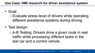 © SensoMotoric Instruments GmbH and BIOPAC Systems, Inc. 2016 www.smivision.com www.biopac.com
Use Case: HMI research for driver assistance system
 Goal:
o Evaluate stress level of drivers while operating
different assistance systems during driving.
 Test design:
o A-B Testing: Drivers drive a given route in real
traffic while processing different tasks in the
test car and a control vehicle.
33
 