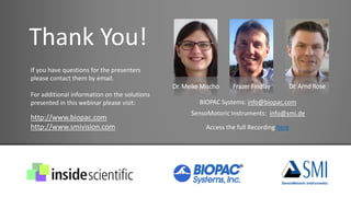 Thank You!
Dr. Meike Mischo Frazer Findlay Dr. Arnd Rose
If you have questions for the presenters
please contact them by email.
For additional information on the solutions
presented in this webinar please visit:
http://www.biopac.com
http://www.smivision.com
BIOPAC Systems: info@biopac.com
SensoMotoric Instruments: info@smi.de
Access the full Recording here
 