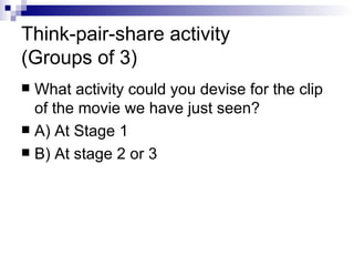 Think-pair-share activity  (Groups of 3)  What activity could you devise for the clip of the movie we have just seen? A) At Stage 1 B) At stage 2 or 3 