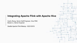 Integrating Apache Flink with Apache Hive
Xuefu Zhang, Senior Staff Engineer, Hive PMC
Bowen Li, Senior Engineer
Seattle Apache Flink Meetup - 02/21/2019
 