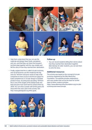 100	 |  Build resilient infrastructure, promote inclusive and sustainable industrialisation and foster innovation
•	 Help them understand that you can use the
materials and design fewer boats, aeroplanes
and cars, and that they can share the transport.
Let them play together with the new models and
tell the story of how they reached their destination.
•	 Finally, explain that this is called circular economy,
and not all factories use this model but the big
ones do. Tell them everyone needs to help small
companies to have access to technical support to
build competencies in circular design to facilitate
product reuse, recycling and cascading. Tell them
this is one of the targets of the Global Goals and
that everyone must work hard to achieve them by
2030. You can show a poster with all the goals and
show them the ones used in this activity. See:
http://www.globalgoals.org/#the-goals.
Follow-up
•	 You can record students telling their stories about
how they reached their destination together.
Alternatively, for older students, you can ask them
to write the story.
Additional resources
This activity was based on the concept of circular
economy explained by the Ellen MacArthur
Foundation. The website provides explanations
and case studies that can be the base for further
ideas of other creative activities:
https://www.ellenmacarthurfoundation.org/circular-
economy/overview/concept.
 