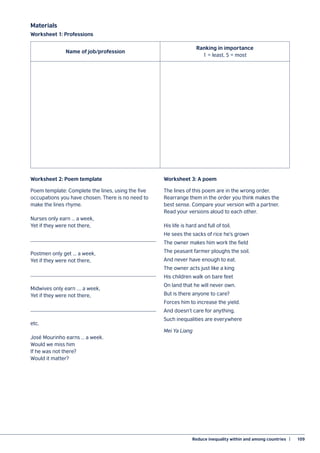 Reduce inequality within and among countries  |	 109
Materials
Worksheet 1: Professions
Worksheet 2: Poem template
Poem template: Complete the lines, using the five
occupations you have chosen. There is no need to
make the lines rhyme.
Nurses only earn … a week,
Yet if they were not there,
Postmen only get ... a week,
Yet if they were not there,
Midwives only earn …. a week,
Yet if they were not there,
etc.
José Mourinho earns … a week.
Would we miss him
If he was not there?
Would it matter?
Worksheet 3: A poem
The lines of this poem are in the wrong order.
Rearrange them in the order you think makes the
best sense. Compare your version with a partner.
Read your versions aloud to each other.
His life is hard and full of toil.
He sees the sacks of rice he’s grown
The owner makes him work the field
The peasant farmer ploughs the soil.
And never have enough to eat.
The owner acts just like a king
His children walk on bare feet
On land that he will never own.
But is there anyone to care?
Forces him to increase the yield.
And doesn’t care for anything.
Such inequalities are everywhere
Mei Ya Liang
Name of job/profession
Ranking in importance
1 = least, 5 = most
 