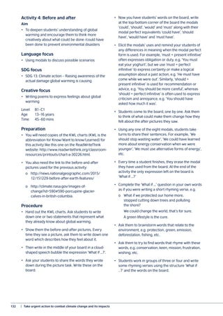 132	 |  Take urgent action to combat climate change and its impacts
Activity 4: Before and after
Aim
•	 To deepen students’ understanding of global
warming and encourage them to think more
creatively about what could be done /could have
been done to prevent environmental disasters
Language focus
•	 Using modals to discuss possible scenarios
SDG focus
•	 SDG 13: Climate action – Raising awareness of the
actual damage global warming is causing
Creative focus
•	 Writing poems to express feelings about global
warming
Level	B1–C1
Age	 13–16 years
Time	 45–60 mins
Preparation
•	 You will need copies of the KWL charts (KWL is the
abbreviation for Know/Want to know/Learned) for
this activity like this one on the ReadWriteThink
website: http://www.readwritethink.org/classroom-
resources/printouts/chart-a-30226.html.
•	 You also need the link to the before-and-after
pictures used for the previous activity:
	 o	http://news.nationalgeographic.com/2015/
	12/151229-before-after-earth-features/
	 o	http://climate.nasa.gov/images-of-
	change?id=590#590-porcupine-glacier-
	calves-in-british-columbia.
Procedure
•	 Hand out the KWL charts. Ask students to write
down one or two statements that represent what
they already know about global warming.
•	 Show them the before-and-after pictures. Every
time they see a picture, ask them to write down one
word which describes how they feel about it.
•	 Then write in the middle of your board in a cloud-
shaped speech bubble the expression ‘What if ...?’.
•	 Ask your students to share the words they wrote
down during the picture task. Write these on the
board.
•	 Now you have students’ words on the board, write
at the top/bottom corner of the board the modals
‘could’, ‘should’, ‘would’ and ‘must’ along with their
modal perfect equivalents ‘could have’, ‘should
have’, ‘would have’ and ‘must have’.
•	 Elicit the modals’ uses and remind your students of
any differences in meaning when the modal perfect
form is used. For example, ‘must + present infinitive’
often expresses obligation or duty, e.g. ‘You must
eat your yoghurt’, but we use ‘must + perfect
infinitive’ to express certainty or make a logical
assumption about a past action, e.g. ‘He must have
come while we were out’. Similarly, ‘should +
present infinitive’ is used for recommendation or
advice, e.g. ‘You should be more careful’, whereas
‘should + perfect infinitive’ is often used to express
criticism and annoyance, e.g. ‘You should have
asked how much it was’.
•	 Students come to the board, one by one. Ask them
to think of what could make them change how they
felt about the after pictures they saw.
•	 Using any one of the eight modals, students take
turns to share their sentences. For example, ‘We
should stop wasting water’, ‘We could have learned
more about energy conservation when we were
younger’, ‘We must use alternative forms of energy’,
etc.
•	 Every time a student finishes, they erase the modal
they have used from the board. At the end of the
activity the only expression left on the board is
‘What if ...?’
•	 Complete the ‘What if ...’ question in your own words
as if you were writing a short rhyming verse, e.g.
	 o	 What if we protected our home more,
	 stopped cutting down trees and polluting
	 the shore?
		 We could change the world, that’s for sure.
		 A green lifestyle is the cure.
•	 Ask them to brainstorm words that relate to the
environment, e.g. protection, green, emission,
deforestation, fishing, etc.
•	 Ask them to try to find words that rhyme with these
words, e.g. conservation, keen, mission, frustration,
wishing, etc.
•	 Students work in groups of three or four and write
some rhyming verses using the structure ‘What if
…?’ and the words on the board.
 