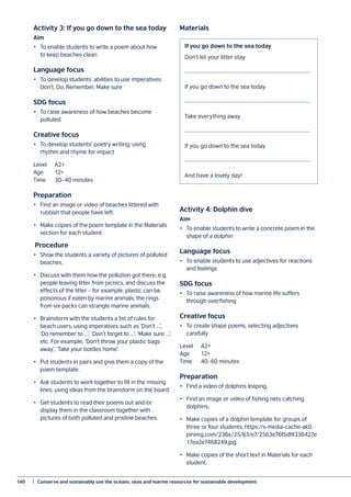 140	 |  Conserve and sustainably use the oceans, seas and marine resources for sustainable development
Activity 3: If you go down to the sea today
Aim
•	 To enable students to write a poem about how
to keep beaches clean
Language focus
•	 To develop students’ abilities to use imperatives:
Don’t, Do, Remember, Make sure
SDG focus
•	 To raise awareness of how beaches become
polluted
Creative focus
•	 To develop students’ poetry writing; using
rhythm and rhyme for impact
Level	A2+
Age	12+
Time	 30–40 minutes
Preparation
•	 Find an image or video of beaches littered with
rubbish that people have left.
•	 Make copies of the poem template in the Materials
section for each student.
Procedure
•	 Show the students a variety of pictures of polluted
beaches.
•	 Discuss with them how the pollution got there, e.g.
people leaving litter from picnics, and discuss the
effects of the litter – for example, plastic can be
poisonous if eaten by marine animals, the rings
from six-packs can strangle marine animals.
•	 Brainstorm with the students a list of rules for
beach users, using imperatives such as ‘Don’t …’,
‘Do remember to …’, ‘Don’t forget to …’, ‘Make sure …’,
etc. For example, ‘Don’t throw your plastic bags
away’, ‘Take your bottles home’.
•	 Put students in pairs and give them a copy of the
poem template.
•	 Ask students to work together to fill in the missing
lines, using ideas from the brainstorm on the board.
•	 Get students to read their poems out and/or
display them in the classroom together with
pictures of both polluted and pristine beaches.
Materials
Activity 4: Dolphin dive
Aim
•	 To enable students to write a concrete poem in the
shape of a dolphin
Language focus
•	 To enable students to use adjectives for reactions
and feelings
SDG focus
•	 To raise awareness of how marine life suffers
through overfishing
Creative focus
•	 To create shape poems, selecting adjectives
carefully
Level	A2+
Age	12+
Time	 40–60 minutes
Preparation
•	 Find a video of dolphins leaping.
•	 Find an image or video of fishing nets catching
dolphins.
•	 Make copies of a dolphin template for groups of
three or four students: https://s-media-cache-ak0.
pinimg.com/236x/25/63/e7/2563e76f5df4336427e
17ea2e7468249.jpg.
•	 Make copies of the short text in Materials for each
student.
If you go down to the sea today
Don’t let your litter stay
If you go down to the sea today
Take everything away
If you go down to the sea today
And have a lovely day!
 
