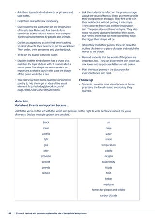 146	 |  Protect, restore and promote sustainable use of terrestrial ecosystems
•	 Ask them to read individual words or phrases and
take notes.
•	 Help them deal with new vocabulary.
•	 Give students the worksheet on the importance
of forests (see Materials). Ask them to form
sentences on the value of forests. For example:
‘Forests provide homes for people and animals.’
	 Do this as a speaking activity first before asking
students to write their sentences on the worksheet.
Then collect their sentences and give feedback.
•	 Write on the board: ‘concrete poem’.
•	 Explain that this kind of poem has a shape that
matches the topic it deals with. It is also called a
visual poem. The shape the words make is as
important as what it says. In this case the shape
of the poem would be a tree.
•	 You can show them some examples of concrete
poetry to help them get an idea of the visual
element: http://saladogt.pbworks.com/w/
page/45052568/Concrete%20Poems.
•	 Ask the students to reflect on the previous stage
about the value of forests. Then, ask them to write
their own poem on the topic. They first write it in
their notebooks, without putting it into shape.
They can write freely and let their imagination
run. The poem does not have to rhyme. They also
need not worry about the length of their poem,
but remind them that the more words they have,
the bigger their shape will be.
•	 When they finish their poems, they can draw the
outline of a tree on a piece of paper and match the
words to the shape.
•	 Remind students that the words of the poem are
important, too. They can experiment with letter size,
mix lower- and upper-case letters or add colour.
•	 Post the visual poems in the classroom for
everyone to see and read.
Follow-up
•	 Students can write more visual poems at home
practising the forest-related vocabulary they
learned.
Materials
Worksheet: Forests are important because …
Match the verbs on the left with the words and phrases on the right to write sentences about the value
of forests. (Notice: multiple options are possible.)
block
clean
control
fight
give
offer
produce
protect
provide
reduce
air
noise
water
shade
temperature
wildlife
oxygen
biodiversity
floods
food
timber
medicine
homes for people and wildlife
carbon dioxide
 