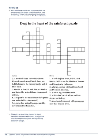 150	 |  Protect, restore and promote sustainable use of terrestrial ecosystems
Follow-up
•	 As a homework activity ask students to fill in the
crossword puzzle on the rainforest animals. This
lesson may continue as an ongoing class project.
•	 Students can search the internet for more
rainforest animals or even plants, bring photos
or draw, write short captions and expand the
classroom collage.
1
2
3
5
4
6 7
8
9
Deep in the heart of the rainforest puzzle
Across
3. A medium-sized corcodilian from
Central America and South America.
6. It belongs to the racoon family and it
likes fruit.
7. It lives in central and South America
and looks like a pig. It is an engangered
animal.
8. The part of the rainforest where plants
and animals live. (two words)
9. A very slow animal hanging upside-
down from tree branches.
Down
1. It eats tropical fruit, leaves, and
insects. It lives on the islands of Borneo
and Sumatra in Indonesia.
2. A large, spotted wild cat from South
and Central America.
4. It has a big, colourful beak.
5. It lives in Central Africa and has
stripes on its legs.
7. A nocturnal mammal with enormous
eyes that lives on trees.
 