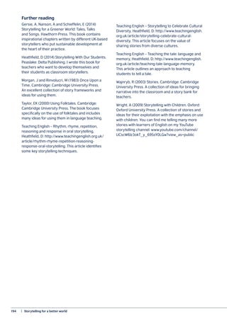 194	 |  Storytelling for a better world
Further reading
Gersie, A, Nanson, A and Schieffelin, E (2014)
Storytelling for a Greener World: Tales, Talks
and Songs. Hawthorn Press. This book contains
inspirational chapters written by different UK-based
storytellers who put sustainable development at
the heart of their practice.
Heathfield, D (2014) Storytelling With Our Students.
Peaslake: Delta Publishing. I wrote this book for
teachers who want to develop themselves and
their students as classroom storytellers.
Morgan, J and Rinvolucri, M (1983) Once Upon a
Time. Cambridge: Cambridge University Press.
An excellent collection of story frameworks and
ideas for using them.
Taylor, EK (2000) Using Folktales. Cambridge:
Cambridge University Press. The book focuses
specifically on the use of folktales and includes
many ideas for using them in language teaching.
Teaching English – Rhythm, rhyme, repetition,
reasoning and response in oral storytelling,
Heathfield, D: http://www.teachingenglish.org.uk/
article/rhythm-rhyme-repetition-reasoning-
response-oral-storytelling. This article identifies
some key storytelling techniques.
Teaching English – Storytelling to Celebrate Cultural
Diversity, Heathfield, D: http://www.teachingenglish.
org.uk/article/storytelling-celebrate-cultural-
diversity. This article focuses on the value of
sharing stories from diverse cultures.
Teaching English – Teaching the tale: language and
memory, Heathfield, D: http://www.teachingenglish.
org.uk/article/teaching-tale-language-memory.
This article outlines an approach to teaching
students to tell a tale.
Wajnryb, R (2003) Stories. Cambridge: Cambridge
University Press. A collection of ideas for bringing
narrative into the classroom and a story bank for
teachers.
Wright, A (2009) Storytelling with Children. Oxford:
Oxford University Press. A collection of stories and
ideas for their exploitation with the emphasis on use
with children. You can find me telling many more
stories with learners of English on my YouTube
storytelling channel: www.youtube.com/channel/
UCscW6lz3okT_y_69SsY0LGw?view_as=public
 
