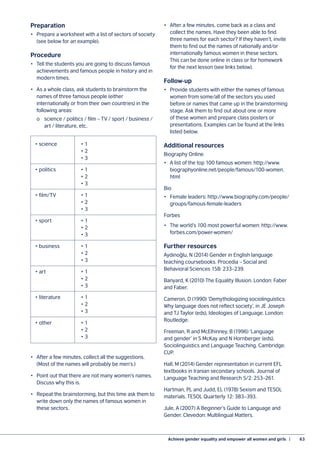 Achieve gender equality and empower all women and girls  |	 63
Preparation
•	 Prepare a worksheet with a list of sectors of society
(see below for an example).
Procedure
•	 Tell the students you are going to discuss famous
achievements and famous people in history and in
modern times.
•	 As a whole class, ask students to brainstorm the
names of three famous people (either
internationally or from their own countries) in the
following areas:
	 o	 science / politics / film – TV / sport / business /
		 art / literature, etc.
•	 After a few minutes, collect all the suggestions.
(Most of the names will probably be men’s.)
•	 Point out that there are not many women’s names.
Discuss why this is.
•	 Repeat the brainstorming, but this time ask them to
write down only the names of famous women in
these sectors.
•	 After a few minutes, come back as a class and
collect the names. Have they been able to find
three names for each sector? If they haven’t, invite
them to find out the names of nationally and/or
internationally famous women in these sectors.
This can be done online in class or for homework
for the next lesson (see links below).
Follow-up
•	 Provide students with either the names of famous
women from some/all of the sectors you used
before or names that came up in the brainstorming
stage. Ask them to find out about one or more
of these women and prepare class posters or
presentations. Examples can be found at the links
listed below.
Additional resources
Biography Online
•	 A list of the top 100 famous women: http://www.
biographyonline.net/people/famous/100-women.
html
Bio
•	 Female leaders: http://www.biography.com/people/
groups/famous-female-leaders
Forbes
•	 The world’s 100 most powerful women: http://www.
forbes.com/power-women/
Further resources
Aydınoğlu, N (2014) Gender in English language
teaching coursebooks. Procedia – Social and
Behavioral Sciences 158: 233–239.
Banyard, K (2010) The Equality Illusion. London: Faber
and Faber.
Cameron, D (1990) ‘Demythologizing sociolinguistics:
Why language does not reflect society’, in JE Joseph
and TJ Taylor (eds), Ideologies of Language. London:
Routledge.
Freeman, R and McElhinney, B (1996) ‘Language
and gender’ in S McKay and N Hornberger (eds),
Sociolinguistics and Language Teaching. Cambridge:
CUP.
Hall, M (2014) Gender representation in current EFL
textbooks in Iranian secondary schools. Journal of
Language Teaching and Research 5/2: 253–261.
Hartman, PL and Judd, EL (1978) Sexism and TESOL
materials. TESOL Quarterly 12: 383–393.
Jule, A (2007) A Beginner’s Guide to Language and
Gender. Clevedon: Multilingual Matters.
• science	 • 1
	 • 2
	 • 3
• politics	 • 1
	 • 2
	 • 3
• film/TV	 • 1
	 • 2
	 • 3
• sport	 • 1
	 • 2
	 • 3
• business	 • 1
	 • 2
	 • 3
• art	 • 1
	 • 2
	 • 3
• literature	 • 1
	 • 2
	 • 3
• other	 • 1
	 • 2
	 • 3
 