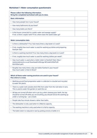 Ensure availability and sustainable management of water and sanitation for all  |	 69
Worksheet 1: Water consumption questionnaire
Please collect the following information.
Bring the completed worksheet with you to class.
Basic information
•	 How many people live in your house?
•	 How many bathrooms do you have?
•	 How many toilets are there?
•	 Is the house connected to a public water and sewage supply?
	 If not, is there a septic tank? If not, where does the waste water go?
Water consumption data
•	 Is there a dishwasher? If so, how many times a day/week is it used?
•	 If not, roughly how much water is used for washing up dishes and preparing
	 food per day?
•	 Is there a washing machine? If so, how many times a day/week is it used?
•	 If not, roughly how much water is used for washing clothes per week?
•	 How much water is used when a toilet cistern is flushed? (See: http://
	solutionelements.co.uk/Downloads%20copy/WCstate%20of%20
	 the%20art.pdf )
•	 Roughly how many times a day are toilets flushed in your house?
	 How much water is that (in litres)?
Which of these water-saving practices are used in your house?
Put a tick or a cross.
•	 Washing-up and food-preparation water is collected in a bucket and recycled
	 to water the plants.
•	 There is a water tank outside which fills from water from the roof when it rains.
	 This is used to water the garden or wash the car.
•	 All taps are turned off when not in use (e.g. when cleaning your teeth, the tap
	 should be turned off while you are brushing; you should not do the washing up
	 under a running tap – use a bowl).
•	 People take five-minute showers rather than baths.
•	 The dishwasher is only used when it is filled to capacity.
•	 The washing machine is only used when it is full to capacity.
•	 The toilet cistern is reduced in size by putting a brick or bottle in it.
 