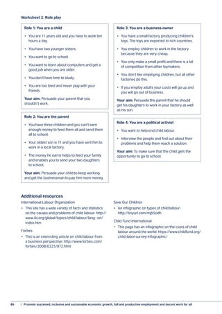 86	 |  Promote sustained, inclusive and sustainable economic growth, full and productive employment and decent work for all
Role 1: You are a child
•	 You are 11 years old and you have to work ten
hours a day.
•	 You have two younger sisters.
•	 You want to go to school.
•	 You want to learn about computers and get a
good job when you are older.
•	 You don’t have time to study.
•	 You are too tired and never play with your
friends.
Your aim: Persuade your parent that you
shouldn’t work.
Role 2: You are the parent
•	 You have three children and you can’t earn
enough money to feed them all and send them
all to school.
•	 Your oldest son is 11 and you have sent him to
work in a local factory.
•	 The money he earns helps to feed your family
and enables you to send your two daughters
to school.
Your aim: Persuade your child to keep working
and get the businessman to pay him more money.
Role 3: You are a business owner
•	 You have a small factory producing children’s
toys. The toys are exported to rich countries.
•	 You employ children to work in the factory
because they are very cheap.
•	 You only make a small profit and there is a lot
of competition from other toymakers.
•	 You don’t like employing children, but all other
factories do this.
•	 If you employ adults your costs will go up and
you will go out of business.
Your aim: Persuade the parent that he should
get his daughters to work in your factory as well
as his son.
Role 4: You are a political activist
•	 You want to help end child labour.
•	 Interview the people and find out about their
problems and help them reach a solution.
Your aim: To make sure that the child gets the
opportunity to go to school.
Worksheet 2: Role play
Additional resources
International Labour Organization
•	 This site has a wide variety of facts and statistics
on the causes and problems of child labour: http://
www.ilo.org/global/topics/child-labour/lang--en/
index.htm
Forbes
•	 This is an interesting article on child labour from
a business perspective: http://www.forbes.com/
forbes/2008/0225/072.html
Save Our Children
•	 An infographic on types of child labour:
http://tinyurl.com/mjb5odh
Child Fund International
•	 This page has an infographic on the costs of child
labour around the world: https://www.childfund.org/
child-labor-survey-infographic/
 