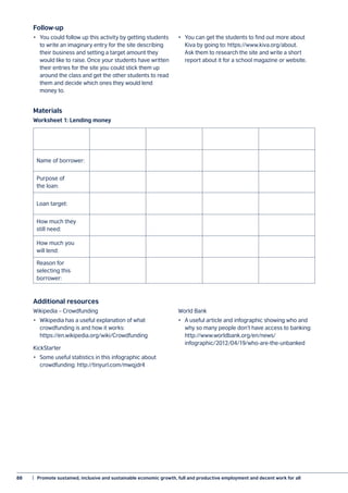 88	 |  Promote sustained, inclusive and sustainable economic growth, full and productive employment and decent work for all
Follow-up
•	 You could follow up this activity by getting students
to write an imaginary entry for the site describing
their business and setting a target amount they
would like to raise. Once your students have written
their entries for the site you could stick them up
around the class and get the other students to read
them and decide which ones they would lend
money to.
•	 You can get the students to find out more about
Kiva by going to: https://www.kiva.org/about.
Ask them to research the site and write a short
report about it for a school magazine or website.
Additional resources
Wikipedia – Crowdfunding
•	 Wikipedia has a useful explanation of what
crowdfunding is and how it works:
https://en.wikipedia.org/wiki/Crowdfunding
KickStarter
•	 Some useful statistics in this infographic about
crowdfunding: http://tinyurl.com/mwqjdr4
World Bank
•	 A useful article and infographic showing who and
why so many people don’t have access to banking:
http://www.worldbank.org/en/news/
infographic/2012/04/19/who-are-the-unbanked
Materials
Worksheet 1: Lending money
Name of borrower:
Purpose of
the loan:
Loan target:
How much they
still need:
How much you
will lend:
Reason for
selecting this
borrower:
 