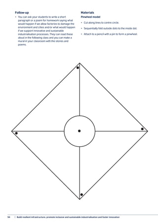 94	 |  Build resilient infrastructure, promote inclusive and sustainable industrialisation and foster innovation
Follow-up
•	 You can ask your students to write a short
paragraph or a poem for homework saying what
would happen if we allow factories to damage the
environment and cities and/or what would happen
if we support innovative and sustainable
industrialisation processes. They can read these
aloud in the following class and you can make a
mural in your classroom with the stories and
poems.
Materials
Pinwheel model
•	 Cut along lines to centre circle.
•	 Sequentially fold outside dots to the inside dot.
•	 Attach to a pencil with a pin to form a pinwheel.
 