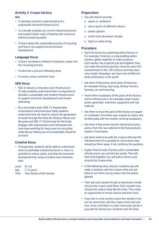Build resilient infrastructure, promote inclusive and sustainable industrialisation and foster innovation  |	 95
Activity 2: Crayon factory
Aim
•	 To develop students’ understanding of a
sustainable industrial infrastructure
•	 To critically evaluate our current industrial process
and explore better ways of dealing with resources
without producing waste
•	 To learn about the sustainable process of recycling
and how it can support local economic
development
Language focus
•	 To learn vocabulary related to industries, waste and
the recycling process
•	 To describe a process following steps
•	 To revise colours and their hues
SDG focus
•	 SDG 9: Industry, innovation and infrastructure –
To help students understand that it is important to
develop a sustainable and resilient infrastructure
to support economic development and human
well-being
•	 On a secondary level, SDG 12: Responsible
consumption and production (help students
understand that we need to reduce the generation
of waste through the three Rs: Reduce, Reuse and
Recycle) and SDG 17: Partnership for the Goals
(engage with organisations and individuals who
have been working for many years on recycling
materials by making use of a sustainable industrial
process)
Creative focus
•	 Through play, students will be able to understand
what a sustainable industrial process is, how it is
possible to reduce waste, and help the economic
development by using a creative and innovative
idea.
Level	A1–A2
Age	 7–12 years
Time	 Two classes of 60 minutes
Preparation
•	 You will need to provide:
	 o	 paper or cardboard
	 o	 wax crayons of different colours
	 o	 plastic glasses
	 o	 small circle aluminium moulds
	 o	 black or white string.
Procedure
•	 Start the lesson by explaining what a factory is.
For example: ‘A factory is a big building where
workers gather together to make products.
Each worker has a specific job and together they
can make the process quickly. Factories were first
invented back in the 13th century and they were
very simple. Nowadays, we have a lot of different
kinds of factories in the world.’
•	 Ask them if they know some kinds of factories,
for example mining, quarrying, fishing, forestry,
farming, car and recycling.
•	 Teach them vocabulary of the parts of the factory
and its infrastructure, for example power house,
power generator, machines, equipment and raw
material.
•	 Ask them to draw the parts of the factory on paper
or cardboard. Give them wax crayons to colour and
let them play with the models, revising vocabulary.
•	 Ask them if they know how the industrial process
works, from the raw material to the final products.
Explain, if necessary.
•	 Ask them what to do with the crayons that are left.
Tell them that if it is possible to reuse them, they
should put them away; if not, reinforce the question.
•	 Explain that to build a factory with a sustainable
infrastructure, we cannot have waste. Then tell
them that together you will build a factory and
recycle the crayon ends.
•	 In the following class, tell your students you will
make a necklace with the crayon ends and ask
them to sort them out by colour into the plastic
glasses.
•	 Then ask each student to get an aluminium mould
and put the crayon ends there. Each student may
choose the colours they like the most. This is also
an opportunity to revise colours and their hues.
•	 If you live in a hot country, leave the moulds in the
sun for some time until the crayon ends melt and
fuse. If not, melt them in a bain-marie pot, but do it
yourself. Do not let your students near the heat.
 