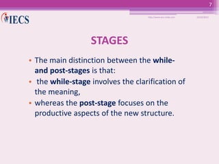 7
http://www.iecs-india.com

STAGES
• The main distinction between the whileand post-stages is that:
• the while-stage involves the clarification of
the meaning,
• whereas the post-stage focuses on the
productive aspects of the new structure.

10/25/2013

 