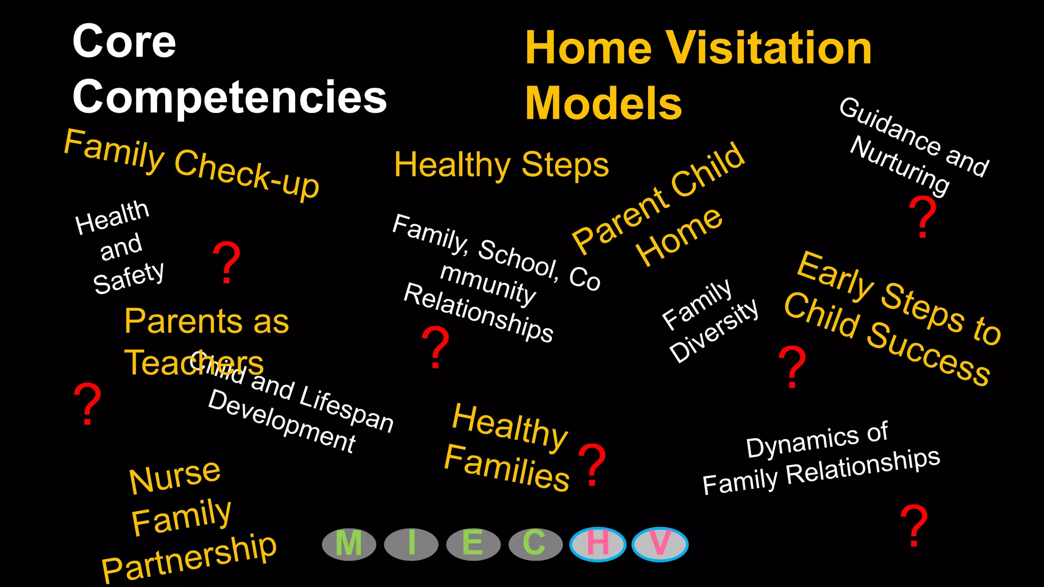 Core                             Home Visitation
Competencies                     Models
                     Healthy Steps
                                                   ?
         ?
    Parents as
    Teachers             ?                   ?
?
                                     ?
                 M   I       E   C   H   V         ?
 