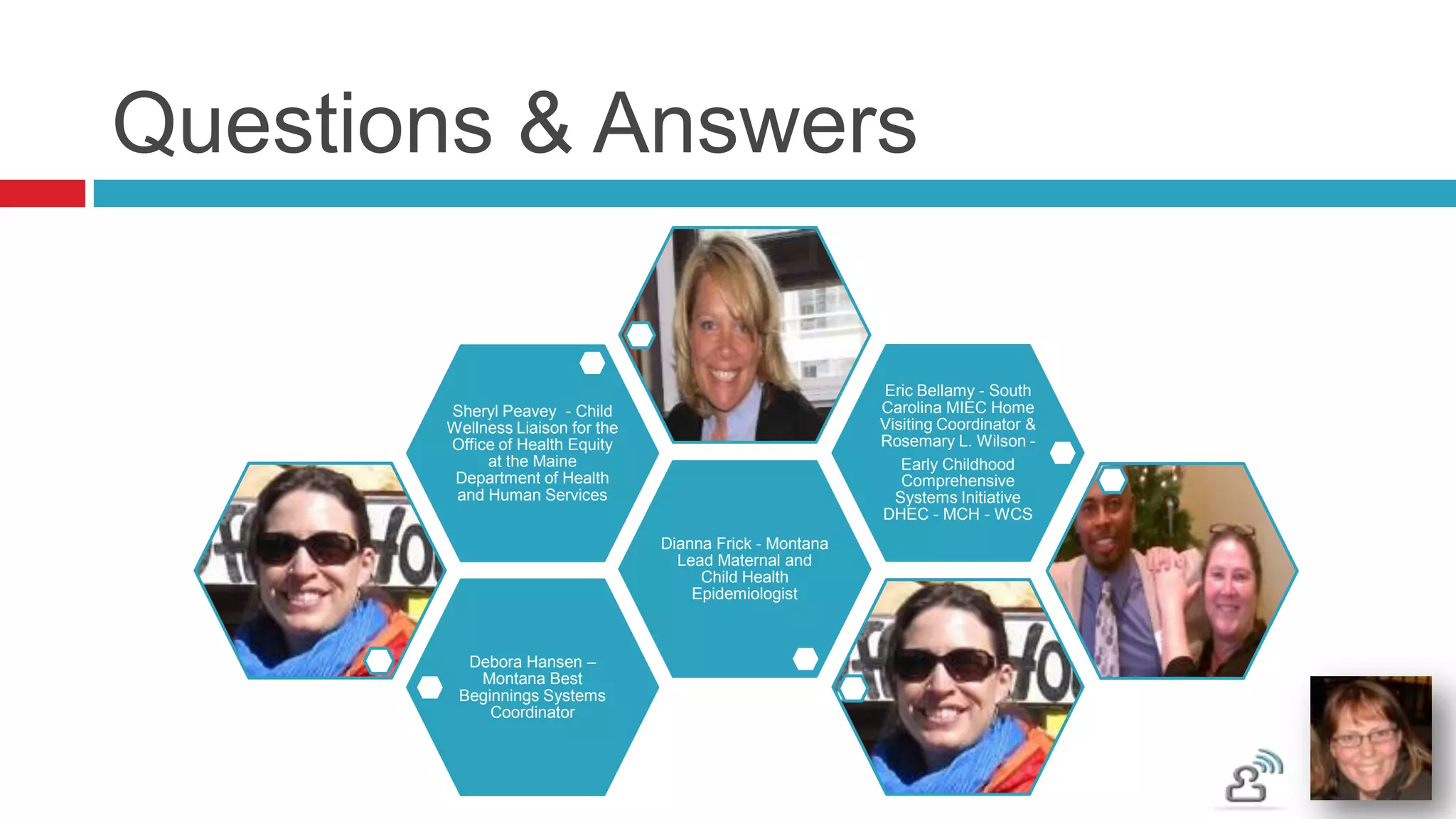 Questions & Answers

                                                           Eric Bellamy - South
       Sheryl Peavey - Child                               Carolina MIEC Home
       Wellness Liaison for the                            Visiting Coordinator &
       Office of Health Equity                             Rosemary L. Wilson -
            at the Maine                                      Early Childhood
        Department of Health                                  Comprehensive
        and Human Services                                   Systems Initiative
                                                           DHEC - MCH - WCS
                                  Dianna Frick - Montana
                                    Lead Maternal and
                                       Child Health
                                      Epidemiologist



         Debora Hansen –
          Montana Best
        Beginnings Systems
            Coordinator
 