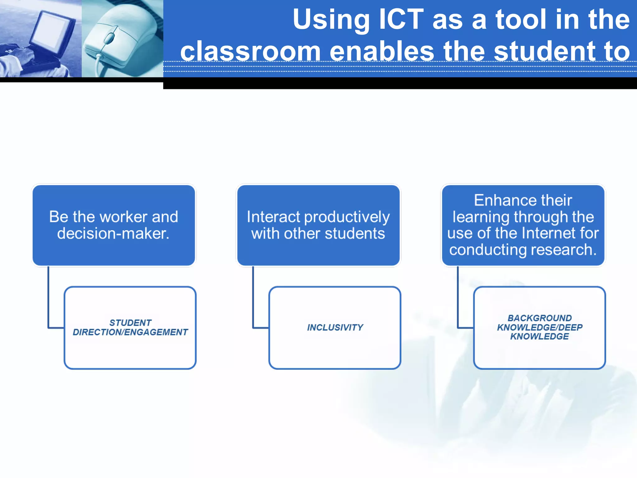 Using ICT as a tool in the classroom enables the student to 
