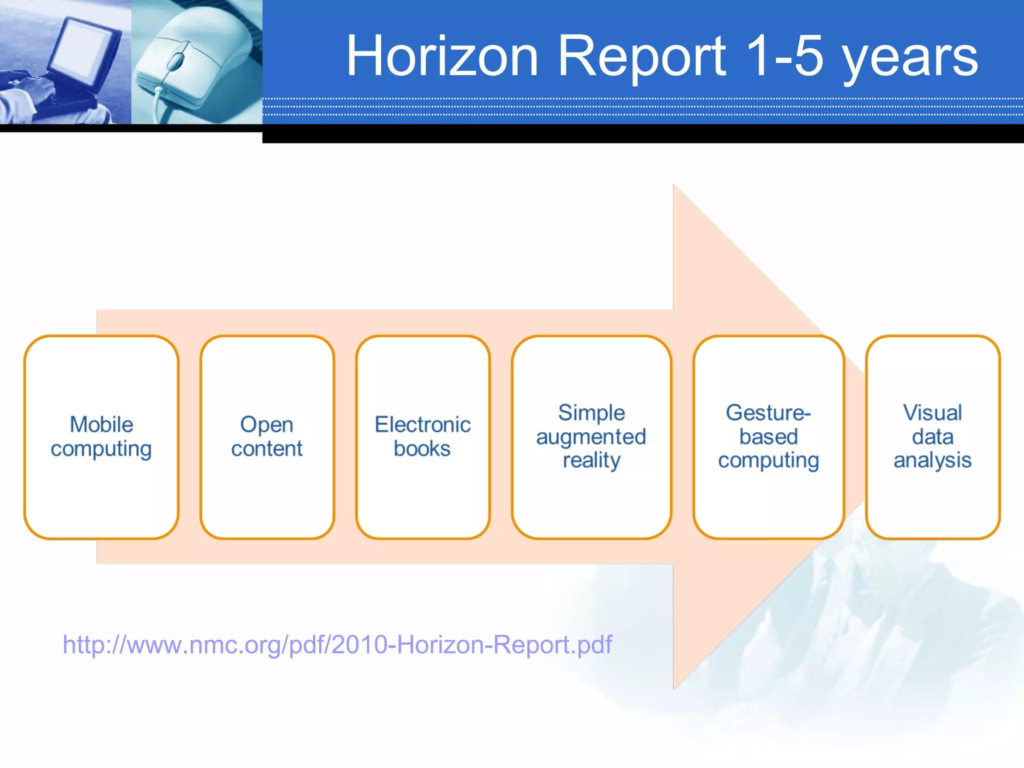 Horizon Report 1-5 years http://www.nmc.org/pdf/2010-Horizon-Report.pdf   