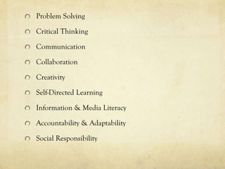 Problem Solving
Critical Thinking
Communication
Collaboration

Creativity
Self-Directed Learning
Information & Media Literacy
Accountability & Adaptability
Social Responsibility

 