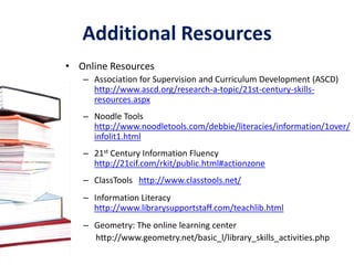 In-School ResourcesSchool Library Media Specialist resources:Available for:In-class tutorials or lesson assistanceLibrary Media Center tutorials or lessonsOne-time lessons or recurring instructionDemonstrations of:Library Media Center resourcesOnline resourcesConnections to classes around the U.S. and the worldMany U.S. public, private and federal schoolsForeign schools in England and Sweden 