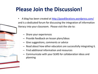 Additional ResourcesLiteratureAmerican Association of School Librarians. 2007. Standards for the 21st-Century Learner.  http://www.ala.org/aasl/standards.Johnson, Paige. 2009. The 21st Century Skills Movement. Educational Leadership 67 (1): 11. http://www.ascd.org/publications/educational-leadership/sept09/vol67/num01/The-21st-Century-Skills-Movement.aspxRotherham, Andrew J. and Daniel Willingham. 2009. 21st Century sills: The challenge ahead. Educational Leadership 67 (1): 16-21.  http://www.aft.org/pdfs/americaneducator/spring2010/RotherhamWillingham.pdf.Silva, Elena. 2009. Measuring skills for 21st-century learning. Phi Delta Kappan 90 (9): 630-634. http://216.78.200.159/Documents/RandD/Phi%20Delta%20Kappan/Measuring%20Skills%20for%2021st%20Century%20-%20Silva.pdfU.S. Department of Education. 2008. The Final Report of the National Mathematics Advisory Panel.            http://www2.ed.gov/about/bdscomm/list/mathpanel/report/final-report.pdf.