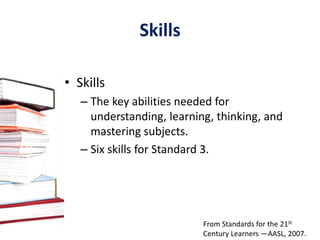 Standards for the 21st Century LearnerThe four AASL standards correspond to “think, create, share and grow”.This lesson covers Standard 3:“Share knowledge and participate ethically and productively as members of our democratic society” (AASL, 2007).From Standards for the 21st Century Learners —AASL, 2007.