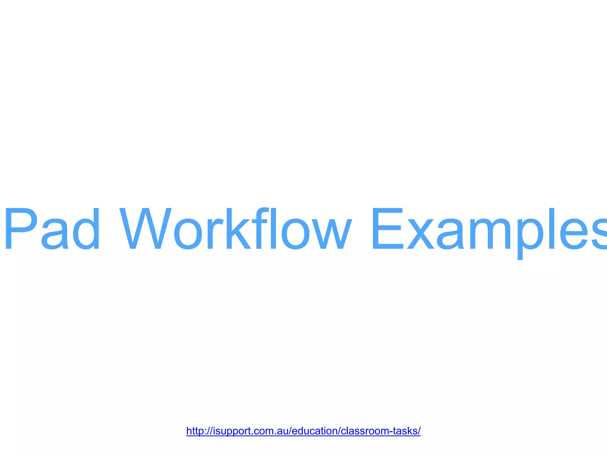 iPad Workflow Examples
http://isupport.com.au/education/classroom-tasks/
 