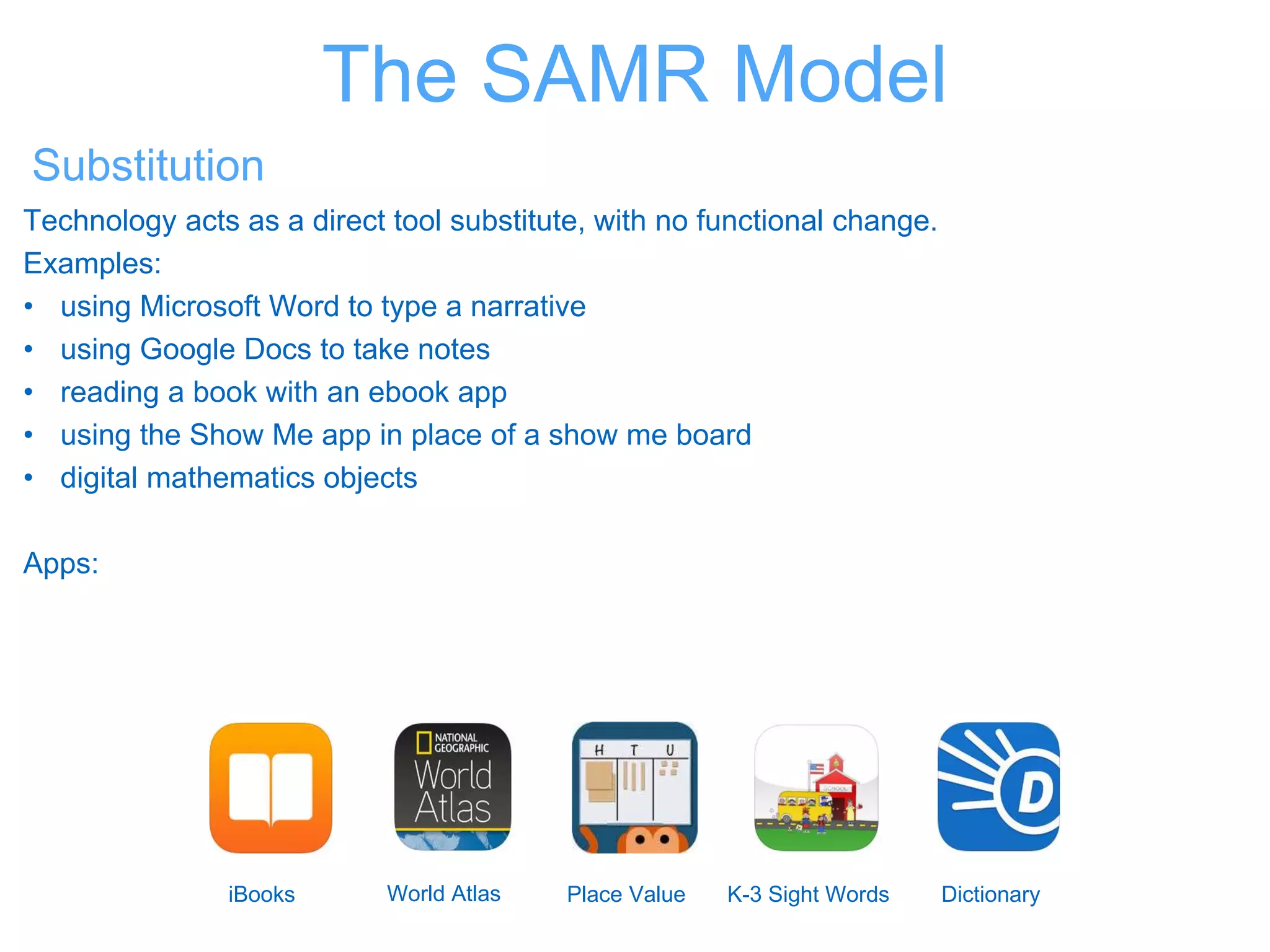 The SAMR Model
Substitution
Technology acts as a direct tool substitute, with no functional change.
Examples:
• using Microsoft Word to type a narrative
• using Google Docs to take notes
• reading a book with an ebook app
• using the Show Me app in place of a show me board
• digital mathematics objects
Apps:
iBooks World Atlas Place Value K-3 Sight Words Dictionary
 