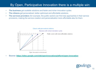 By Open, Participative Innovation there is a multiple win:
•   The business get scalable solutions and faster and richer innovation cycles
•   The citizens get personalized, better optimized and affordable solutions
•   The services providers (for example, the public sector) can find new approaches in their service
    provisions, making the service creation and personalization more affordable also for them




•   Source: https://sites.google.com/site/openinnovationplatform/open-innovation




                                                                                                       13
 