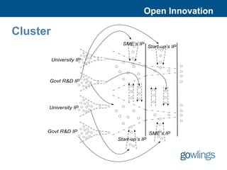 Open Innovation

Cluster
                            SME’s IP
                                          Start-up’s IP

          University IP



      Govt R&D IP




      University IP




      Govt R&D IP                         SME’s IP
                          Start-up’s IP
 