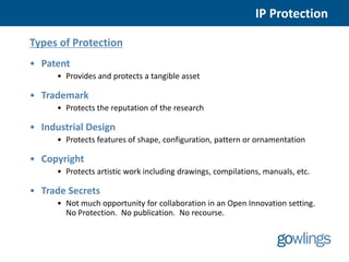 IP Protection

Types of Protection
• Patent
      • Provides and protects a tangible asset

• Trademark
      • Protects the reputation of the research

• Industrial Design
      • Protects features of shape, configuration, pattern or ornamentation

• Copyright
      • Protects artistic work including drawings, compilations, manuals, etc.

• Trade Secrets
      • Not much opportunity for collaboration in an Open Innovation setting.
        No Protection. No publication. No recourse.
 
