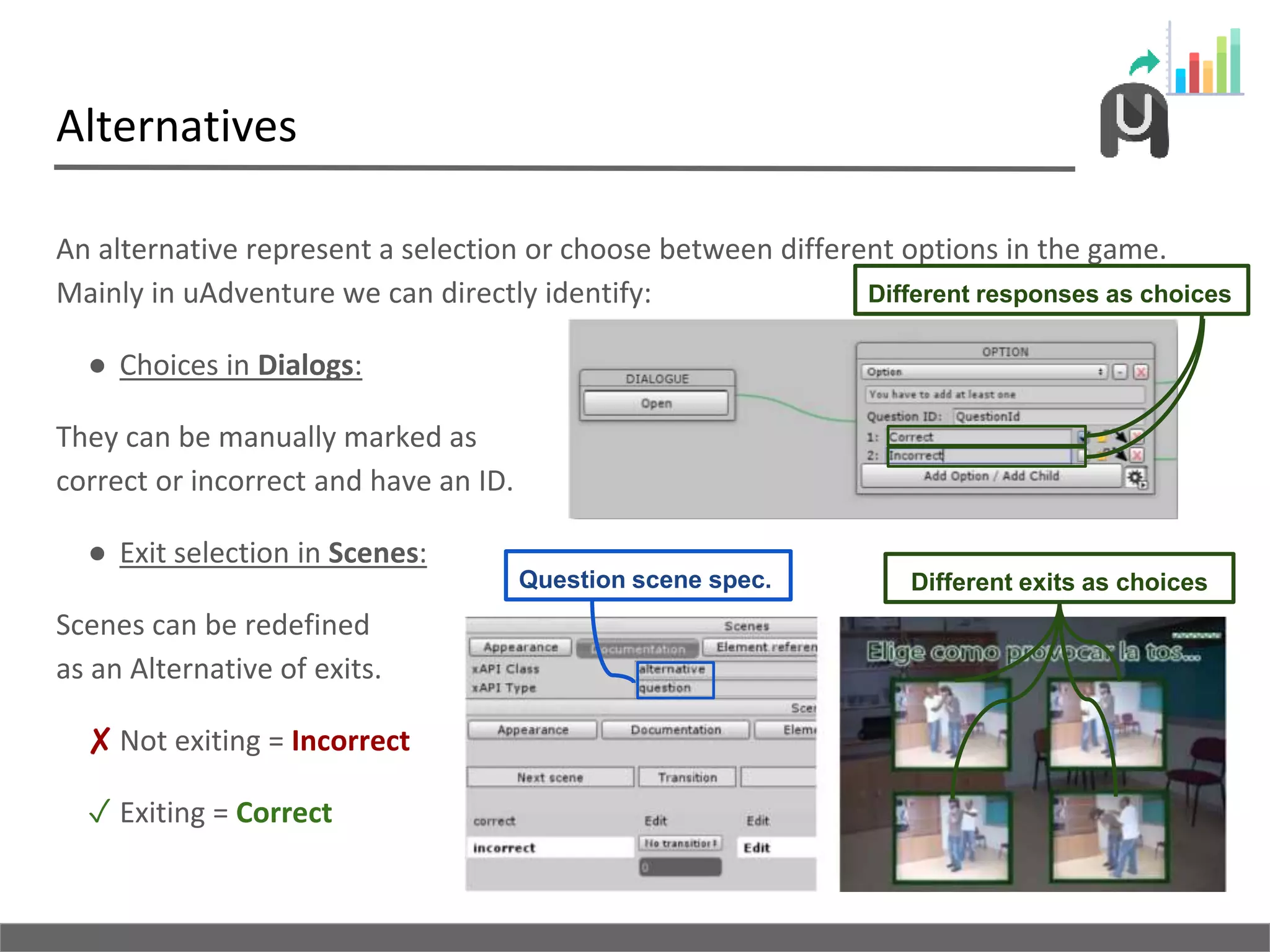 Alternatives
An alternative represent a selection or choose between different options in the game.
Mainly in uAdventure we can directly identify:
● Choices in Dialogs:
They can be manually marked as
correct or incorrect and have an ID.
● Exit selection in Scenes:
Scenes can be redefined
as an Alternative of exits.
✘ Not exiting = Incorrect
✓ Exiting = Correct
Different exits as choicesQuestion scene spec.
Different responses as choices
 