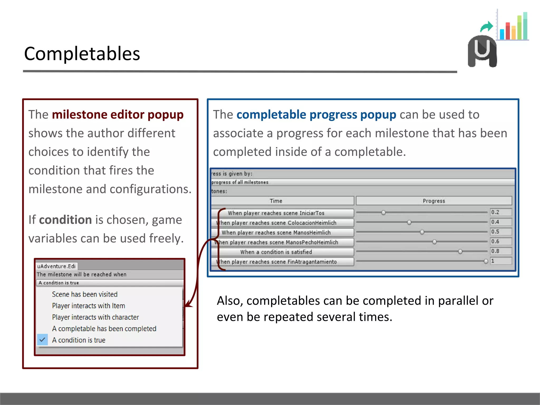 The completable progress popup can be used to
associate a progress for each milestone that has been
completed inside of a completable.
Completables
The milestone editor popup
shows the author different
choices to identify the
condition that fires the
milestone and configurations.
If condition is chosen, game
variables can be used freely.
Also, completables can be completed in parallel or
even be repeated several times.
 