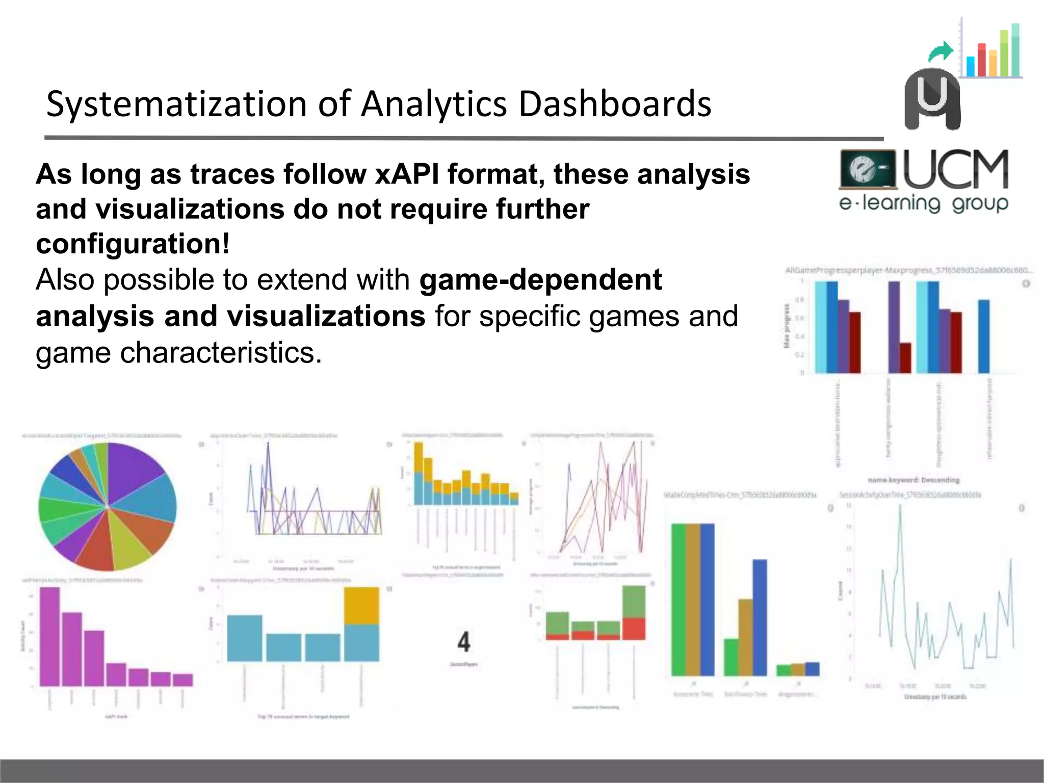 Systematization of Analytics Dashboards
As long as traces follow xAPI format, these analysis
and visualizations do not require further
configuration!
Also possible to extend with game-dependent
analysis and visualizations for specific games and
game characteristics.
 