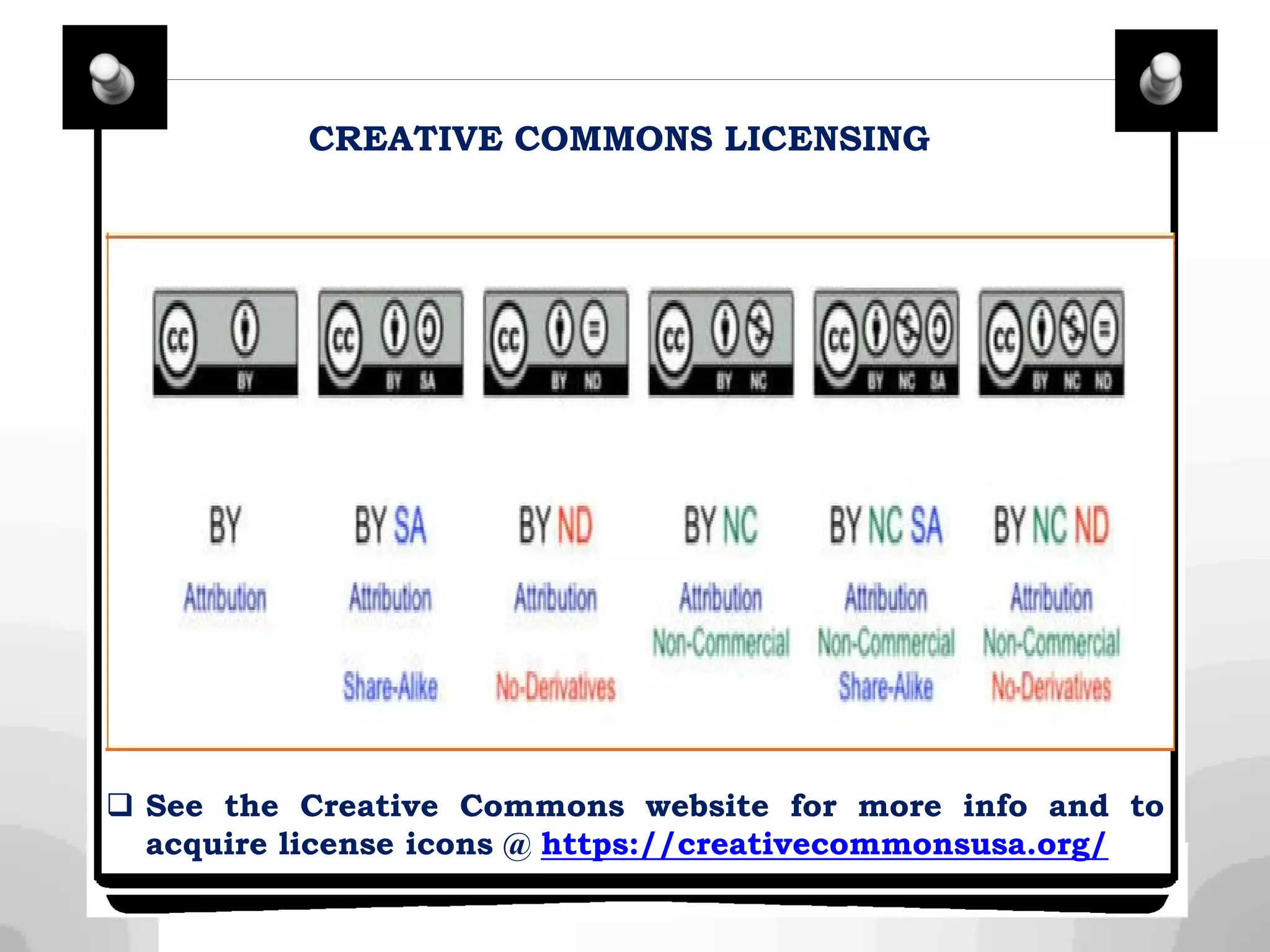 CREATIVE COMMONS LICENSING
 See the Creative Commons website for more info and to
acquire license icons @ https://creativecommonsusa.org/
 