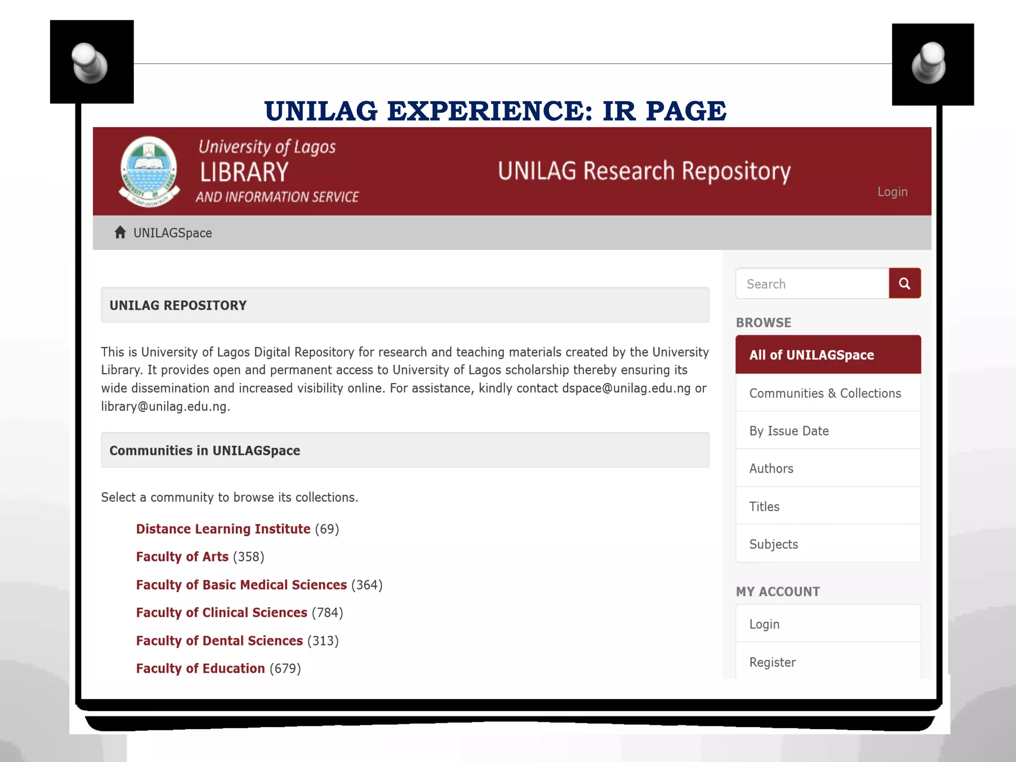UNILAG EXPERIENCE: IR PAGE
 
