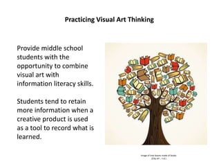 Provide middle school
students with the
opportunity to combine
visual art with
information literacy skills.
Students tend to retain
more information when a
creative product is used
as a tool to record what is
learned.
Practicing Visual Art Thinking
Image of tree leaves made of books
(Clip art , n.d.)
 