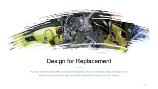 21
Design for Replacement
Your team will want to iterate often, especially in the beginning. Plan your versioning strategy as though you are
swapping out you ML training daily. Don’t tightly couple your ML Service to your ML Training!
 