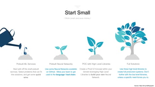 Start with off the shelf prebuilt
services. Select problems that can fit
this solutions, and get some quick
wins.
Prebuilt ML Services
Use some Neural Networks available
on GitHub. Allow your team to get
used to the language / tool chain.
Prebuilt Neural Networks
Create a Proof of Concept within your
domain leveraging High Level
Libraries to build your own Neural
Network.
POC with High Level Libraries
Use these high level libraries to
create full production systems. Don’t
bother with the low level libraries,
unless a specific need forces you to.
Full Solutions
Start Small
/ Work smart and save money /
Source: https://bit.ly/netflixjupyter/
 
