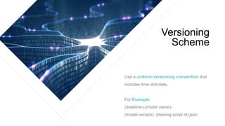 Use a uniform versioning convention that
includes time and date.
For Example:
(datetime)-(model name)-
(model version)- (training script id).json
Versioning
Scheme
 