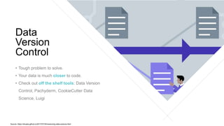 • Tough problem to solve.
• Your data is much closer to code.
• Check out off the shelf tools: Data Version
Control, Pachyderm, CookieCutter Data
Science, Luigi
Data
Version
Control
Source: https://shuaiw.github.io/2017/07/30/versioning-data-science.html
 
