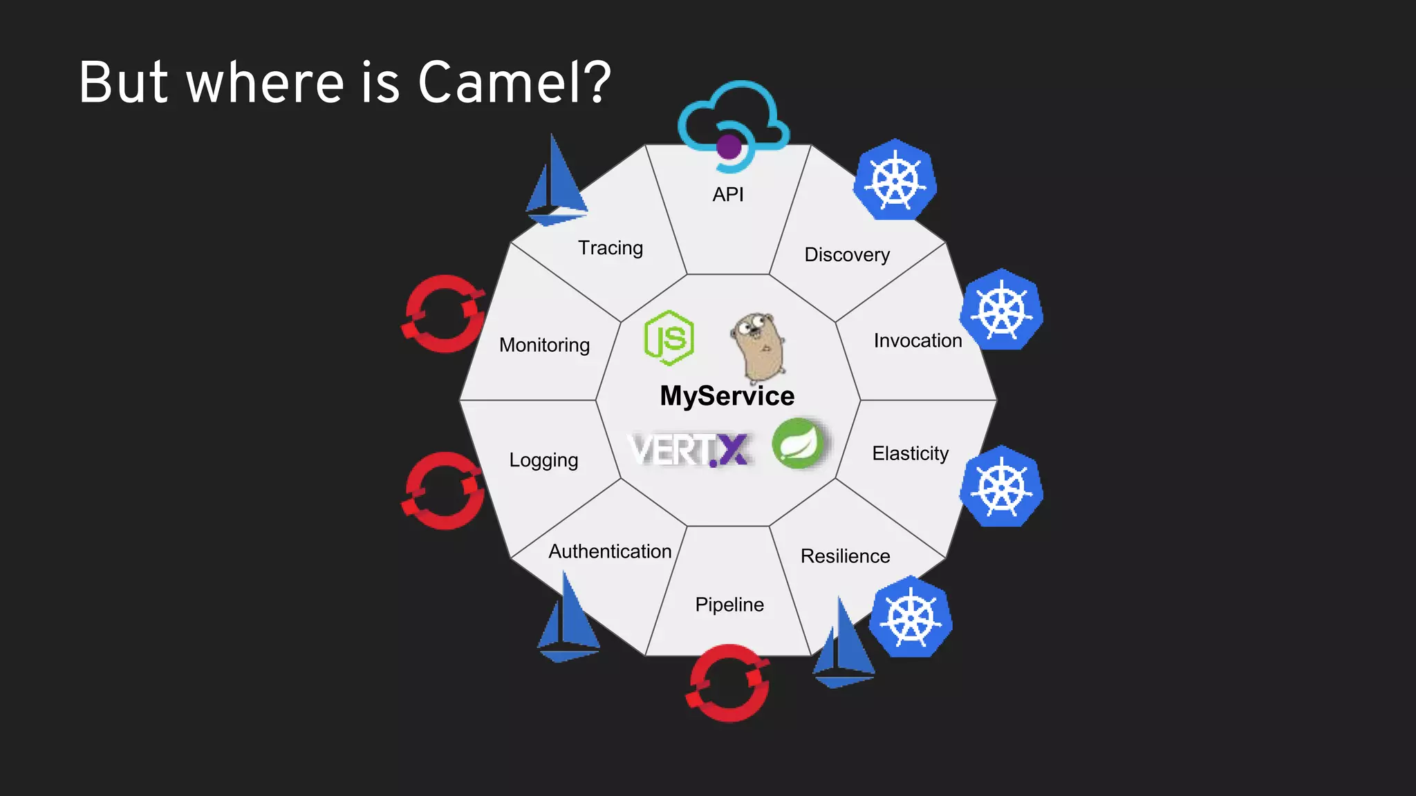 MyService Monitoring Tracing API Discovery Invocation Resilience Pipeline Authentication Logging Elasticity But where is Camel? 