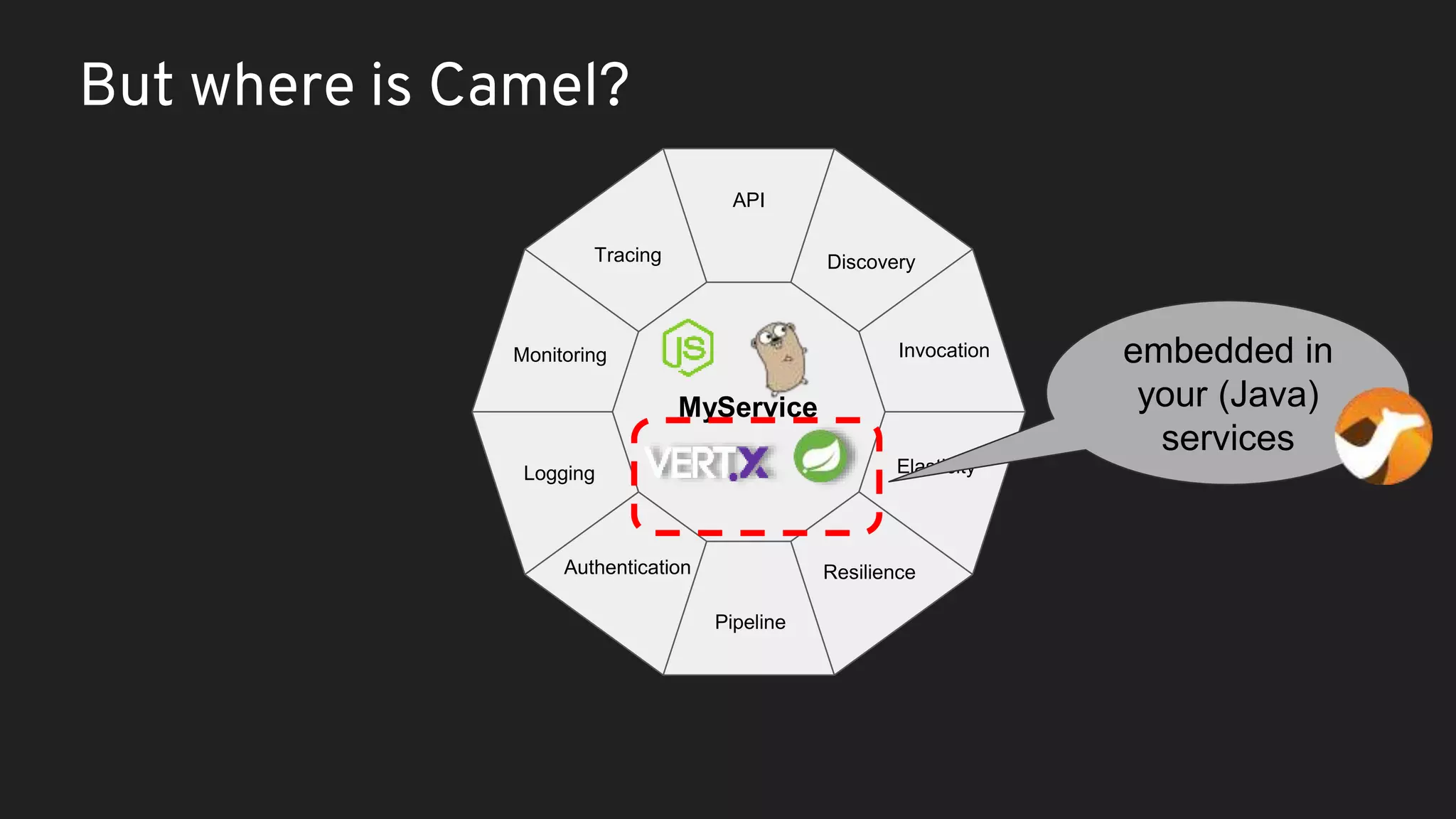 MyService Monitoring Tracing API Discovery Invocation Resilience Pipeline Authentication Logging Elasticity But where is Camel? embedded in your (Java) services 