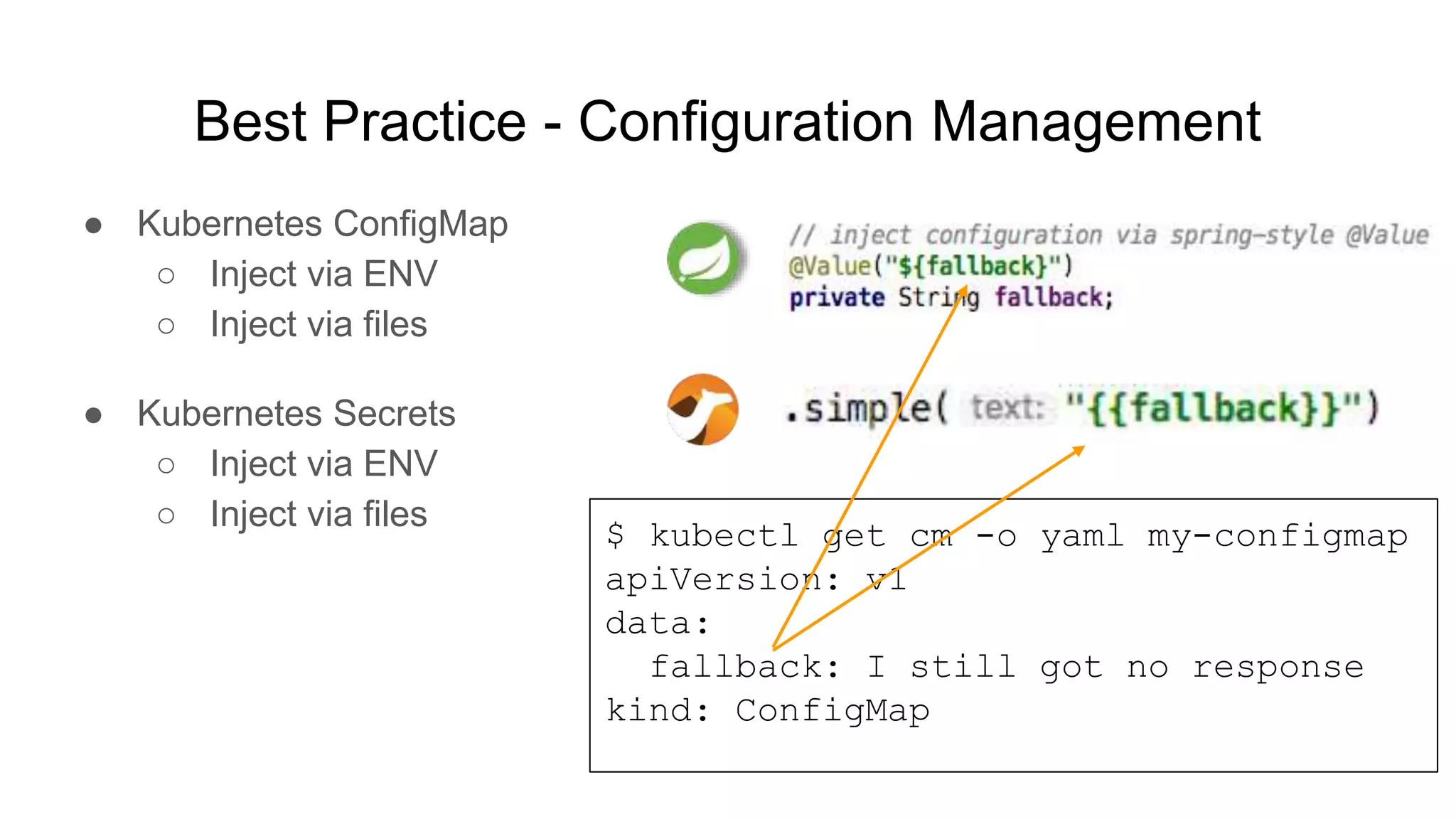 ● Kubernetes ConfigMap ○ Inject via ENV ○ Inject via files ● Kubernetes Secrets ○ Inject via ENV ○ Inject via files Best Practice - Configuration Management $ kubectl get cm -o yaml my-configmap apiVersion: v1 data: fallback: I still got no response kind: ConfigMap 